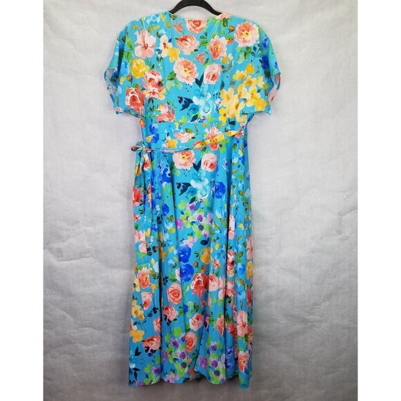 Eshakti Wrap Dress Midi S Dolman Sleeve Blue Floral Print Crepe Lined Tie Waist - Picture 9 of 16